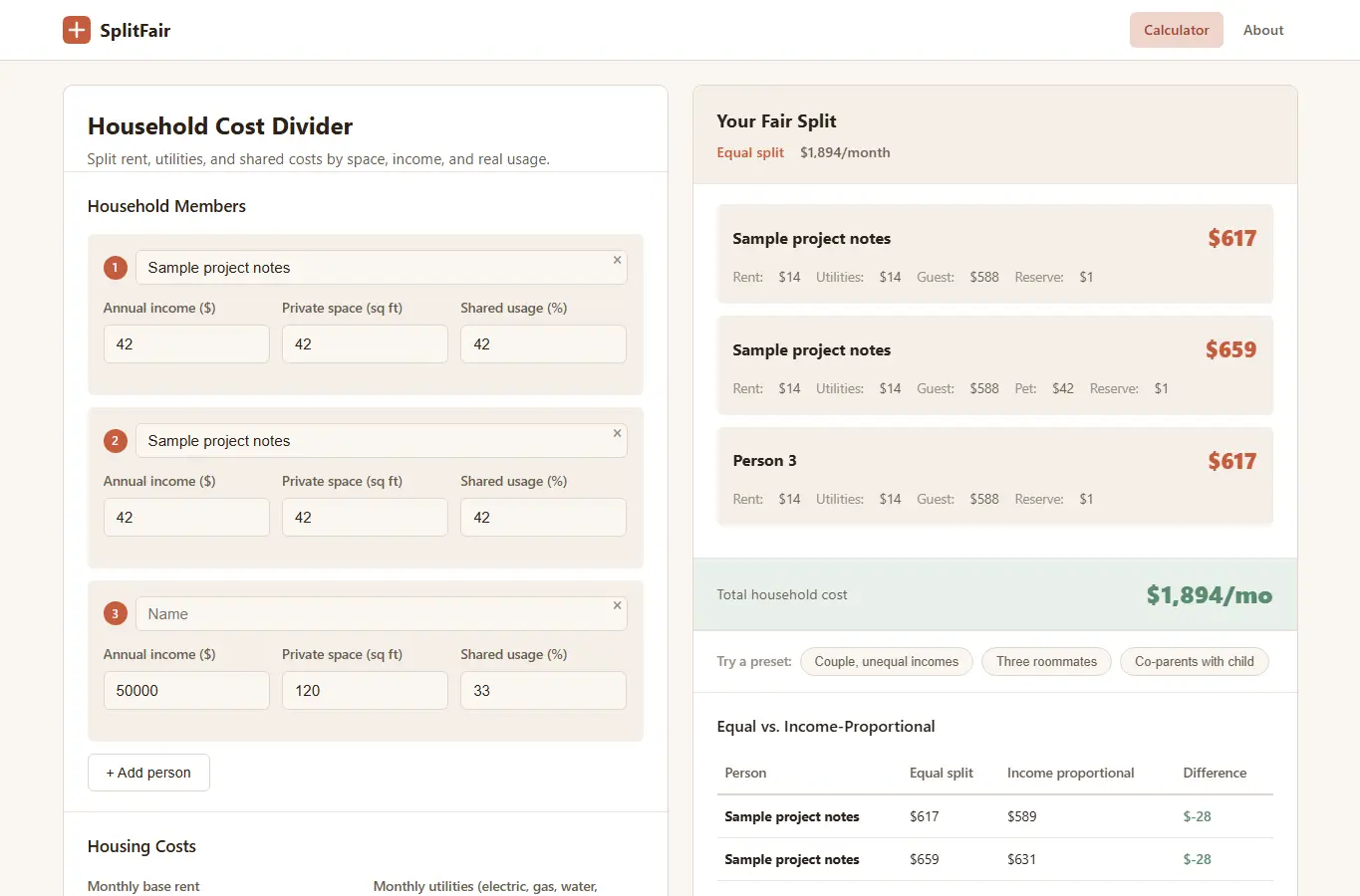 Screenshot of SplitFair: Household Cost Divider by Usage & Income interface showing the project page in use